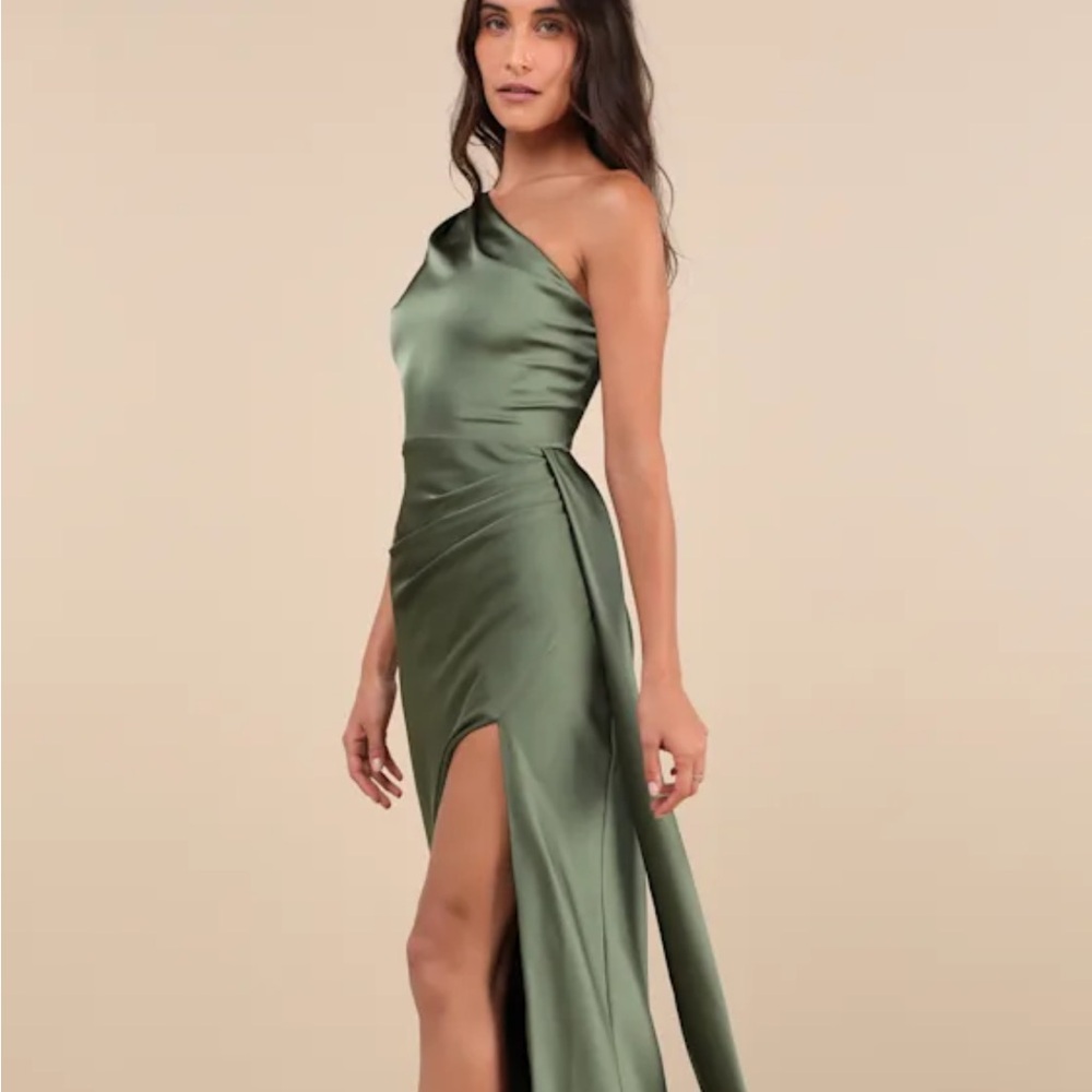 Signature Elegance Olive Green Satin One-Shoulder Maxi Dress - Picture 3 of 4
